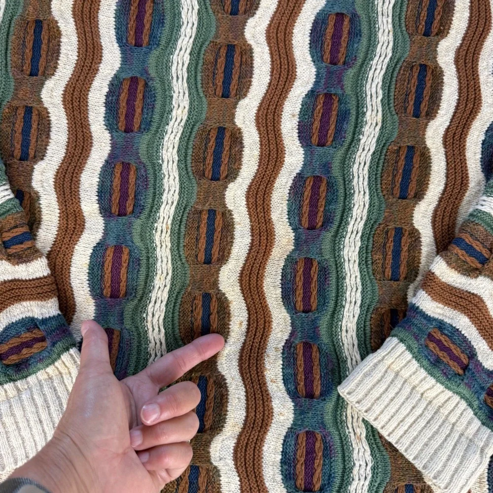 Crossings Vintage 90s 3D Textured Knit Sweater Large Brown Green Made in USA
